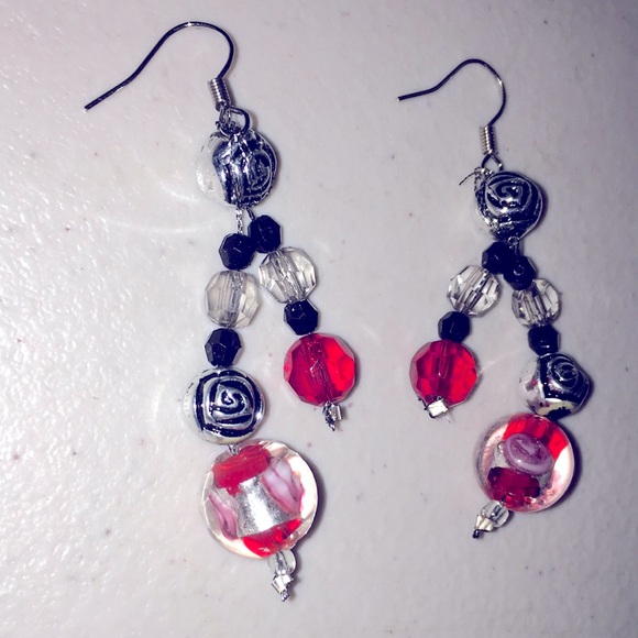 Red black clear BoHo OOAK glass retro pierced dangle sexy RETRO hippie earrings - Picture 17 of 17